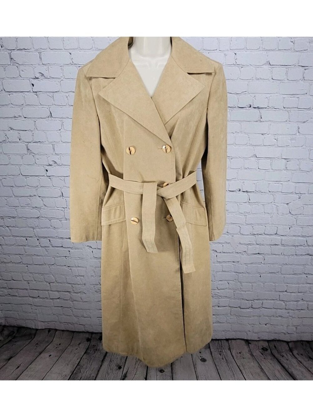 VTG Unbranded Tan Suede Like Union Made Button Belt Lined Long Pea Coat US 12